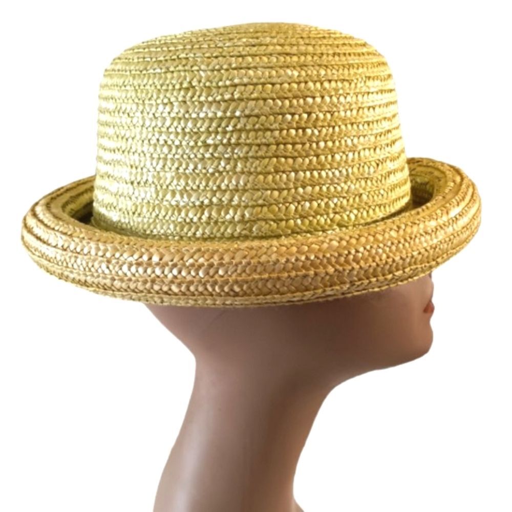 Vintage Lime Green Rolled Brim Woven Straw Hat - Picture 3 of 5